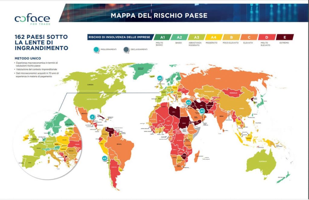 Mappa del rischio Paese 2021 prodotta da Coface