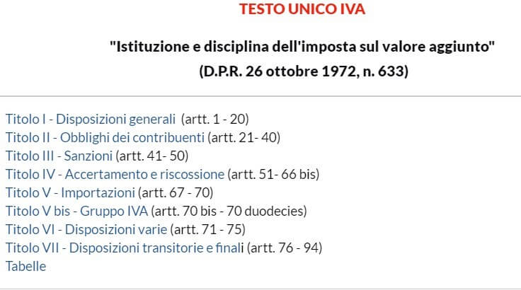 Elenco dei rferimenti normativi del Testo unico Iva.