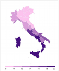 Mappa delle regioni italiane in merito al ritardo nei pagamenti del Cerved.